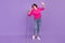 Full length body size view of attractive talented woman singing hit voice isolated over violet purple color background