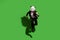 Full length body size view of classy active man wearing panda mask jumping running isolated over bright green color