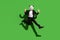 Full length body size view of classy man guy wearing panda mask jumping showing v-sign isolated over bright green color