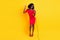 Full length body size view of gorgeous thin girl singing pop hit song single isolated over bright yellow color