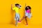 Full length body size view of handsome beautiful cheery dreamy couple dancing chill out isolated over bright yellow