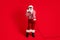 Full length body size view of his he handsome bearded fat overweight cheerful Santa soloist vocalist pop star singing