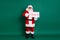 Full length body size view of his he nice fat cheerful cheery glad Santa holding in hand sale promo card season December