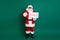 Full length body size view of his he nice fat confident glad bearded Santa holding in hand sale promo card offer bargain