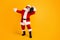 Full length body size view of his he nice funny cheerful cheery white-haired Santa dj mc deejay carrying boombox dancing