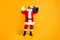 Full length body size view of his he nice funny positive cheery white-haired Santa carrying boombox dancing having fun