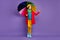 Full length body size view of nice attractive lovely pretty charming cheerful wavy-haired girl holding umbrella copy