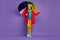 Full length body size view of nice attractive lovely pretty cheerful wavy-haired girl holding umbrella copy space on