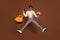 Full length body size view of nice cheerful funky guy jumping holding guitar tulips sale isolated over brown color