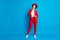 Full length body size view of pretty cheerful lady traveler wearing cosy casual red suit cloth isolated on bright blue