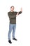 Full length of cautious man showing stop gesture with his palms, arms outstretched as deny or refuse, gesturing prohibition, no