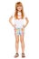 Full length a cheerful little girl with red hair in shorts and a T-shirt; isolated on the white