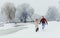 Full Length Couple Happy Smiling Laughing Holding Hands Walking Winter Snow Portrait Meadow Landscape Christmas New Year