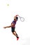 Full-length dynamic image of young man, tennis player in bright sportswear in motioned during game, hitting ball
