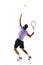 Full-length dynamic image of young man, tennis player in motion, serving ball with racket isolated over white background