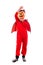 Full length of girl standing in red evil Halloween costume over white