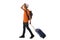 Full length happy african american male traveler walking with suitcase against isolated white background
