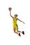 Full-length image of young sportive girl, basketball player in motion, jumping with ball against white studio background
