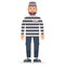 Full-length isolated prisoner in striped clothing on a white background.