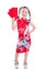 Full length of little chinese girl in traditional dress stand,holding red packet money and smiles isolated over white