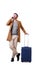 Full length male traveler talking with mobile phone against white background