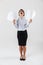 Full length photo of annoyed businesswoman wearing eyeglasses holding paper folders in the office, isolated over white background