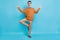 Full length photo of calm young man yoga make om sign rest relax isolated on pastel blue color background