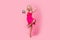 Full length photo of cheerful classy lady wear stylish clothes high heels hold discoball have fun isolated on pink color