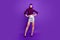 Full length photo of coquettish lady send air kiss wear sun specs trendy outfit  purple background