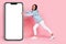 Full length photo of crazy positive lady push empty space poster banner billboard telephone display isolated on pink