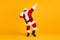 Full length photo crazy santa claus with grey beard listen holly x-mas music headset dance christmas party wear sunglass