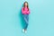 Full length photo of cute nice glad lady wear pink denim outfit arm folded good mood isolated on cyan color background