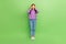 Full length photo of cute nice positive impressed girl wear denim jeans purple pullover headphones dancing isolated on