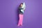 Full length photo of dream calm peaceful girl sleep pillow wear dotted pink pajama pants trousers isolated over violet