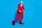 Full length photo of excited aged man happy positive smile dance disco have fun groomed isolated over blue color