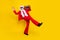 Full length photo of excited funky santa dressed red suit tie walking enjoying boom box music empty space isolated