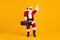 Full length photo of fat funky santa claus with white beard listen x-mas christmas music boom box dance wear sunglass