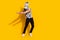 Full length photo of freak bizarre guy in zebra costume dance rhythm festival isolated over bright yellow color