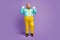 Full length photo of funky cool fat guy enjoy fre time pull pink suspenders wear good look modenr clothing shoes