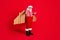 Full length photo of funny pensioner grandpa paper wings direct finger choose you deliver assistant wear santa x-mas