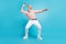 Full length photo of handsome aged man happy positive smile dancer club disco isolated over blue color background