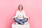 Full length photo of lovely retired lady meditate closed eyes lotus pose dressed stylish white garment  on pink