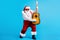 Full length photo of modern funky santa claus with big belly beard play guitar on x-mas christmas noel event wear