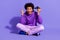 Full length photo of overjoyed impressed guy dressed violet hoodie hold joystick win playstation game isolated on purple