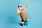 Full length photo of pensioner old man grey beard hold mop leg bucket pretend rocker wear santa x-mas costume apron