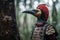 Full-length photo portrait of a woodpecker dressed in conquistador , created with Generative AI technology