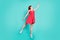 Full length photo of positive cheerful girl jump want catch air fly parasol hold hand wear good look retro clothes