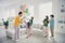 Full length photo positive fun people dad daddy mom mommy prepare air baloons woman family day celebration three preteen