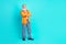 Full length photo of pretty funny pensioner guy wear neon orange jacket arms crossed empty space isolated teal color