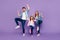 Full length photo of rejoicing dad mom and little foxy lady cool win wear casual clothes  purple background